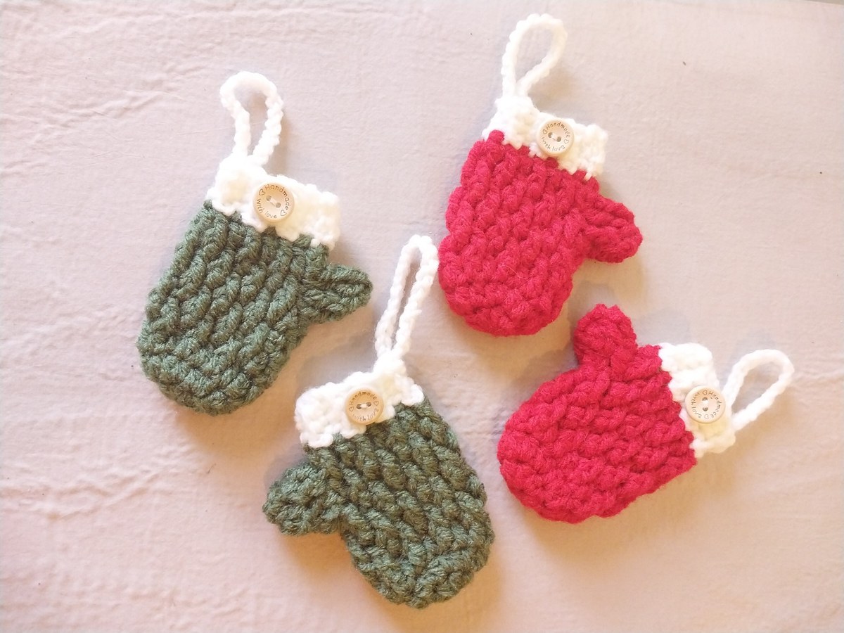Crocheted Mitten Ornament: Red or Green Cotton Yarn Christmas Decor, view 4