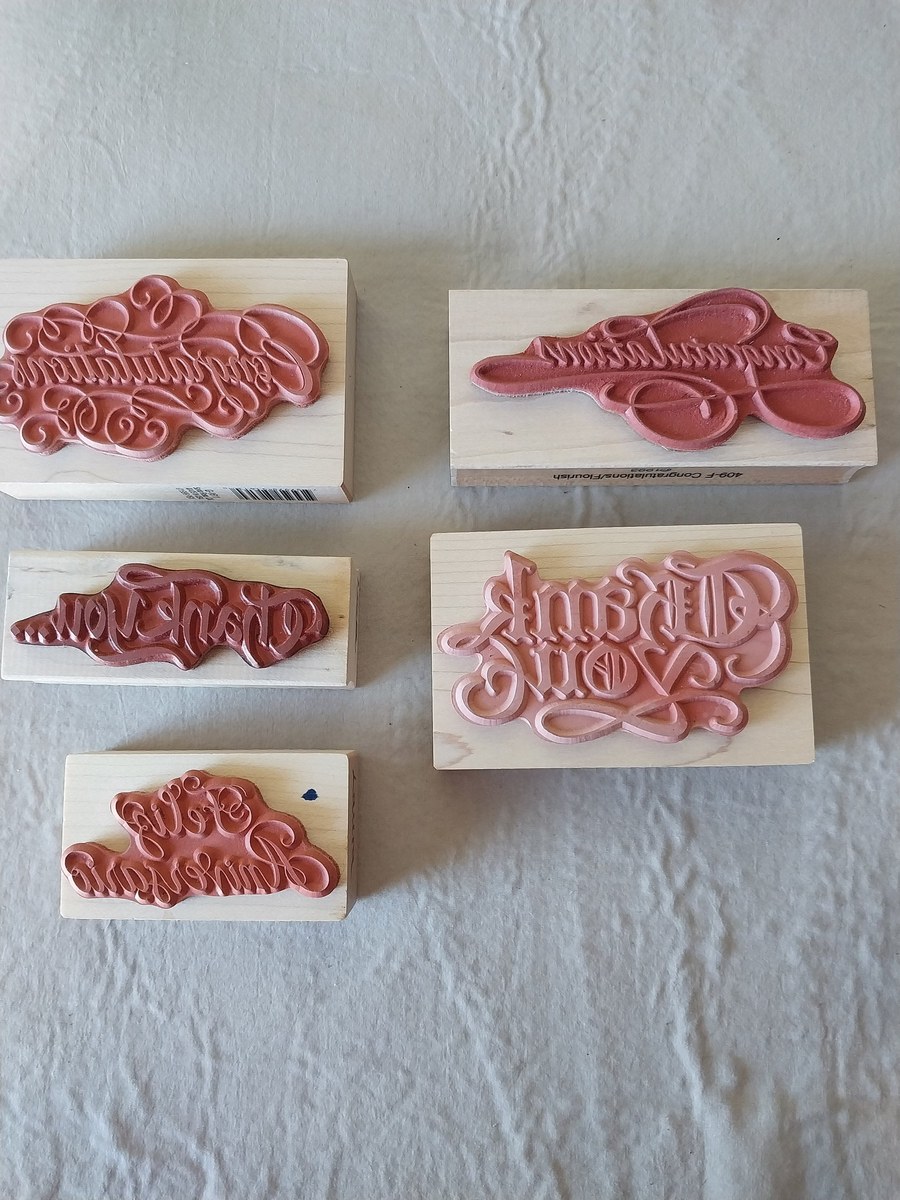 Vintage Wood Block Rubber Stamps – Thank You, Congratulations, Feliz Aniversario – Scrapbooking, Card Making, Crafts, view 2
