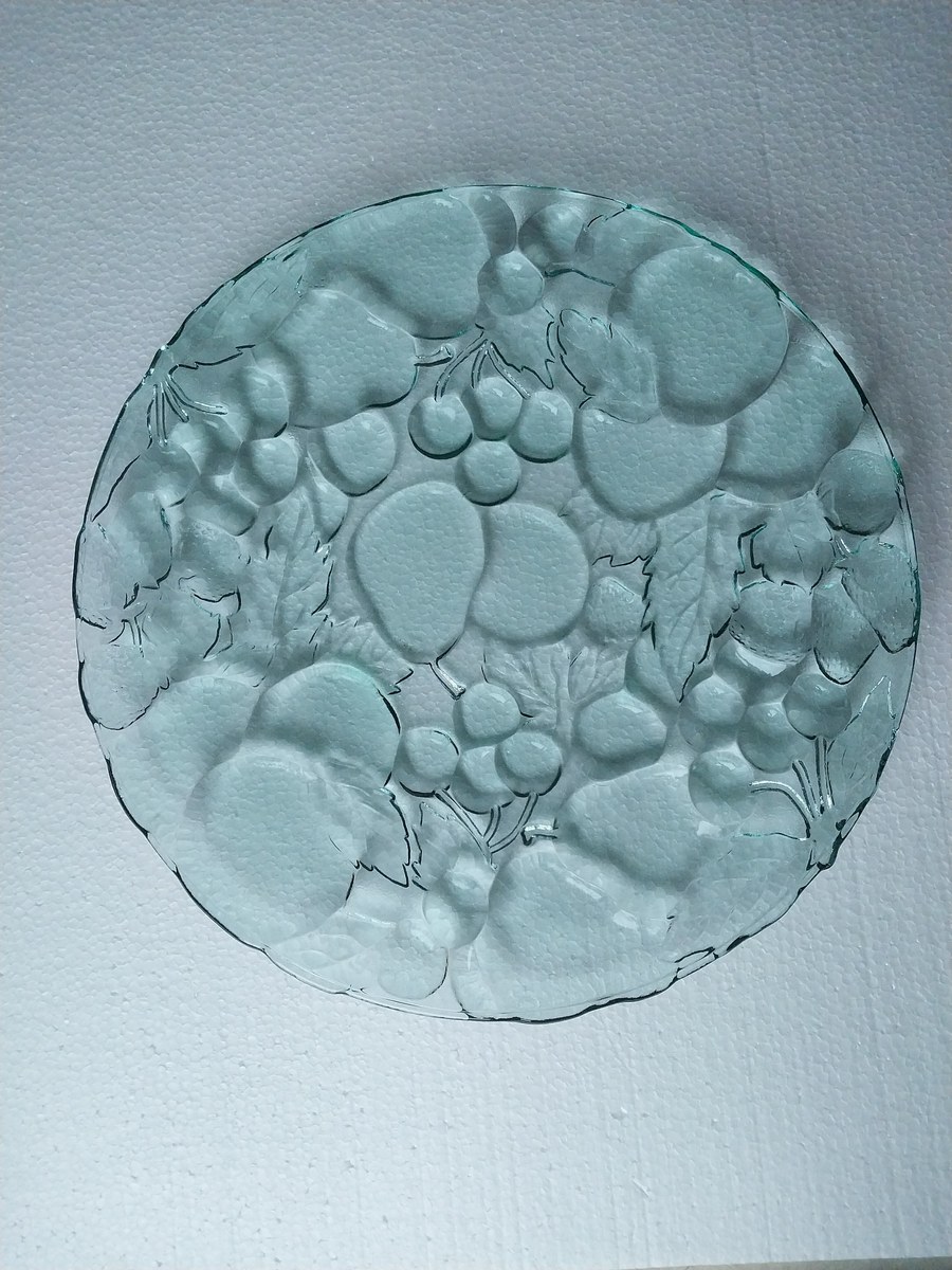 Vintage Seafoam Green Glass Platter: Madeira Indiana Raised Fruit Design, view 5