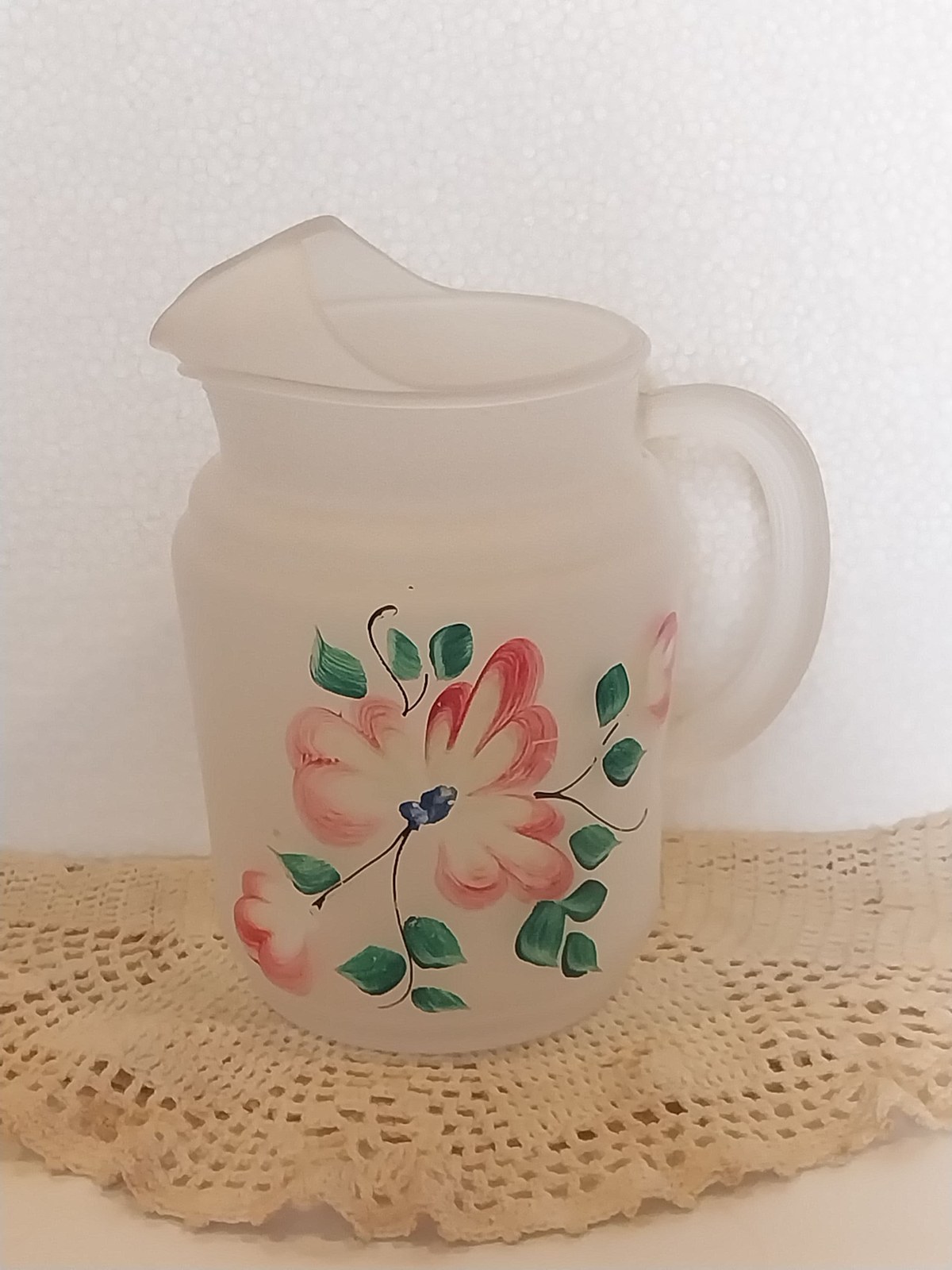 Vintage Frosted Glass Pitcher: Hand-Painted Floral Cottagecore Decor