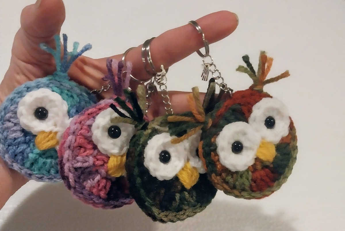 Whimsical Owl Charm: Handcrafted Crocheted Keychain", view 2