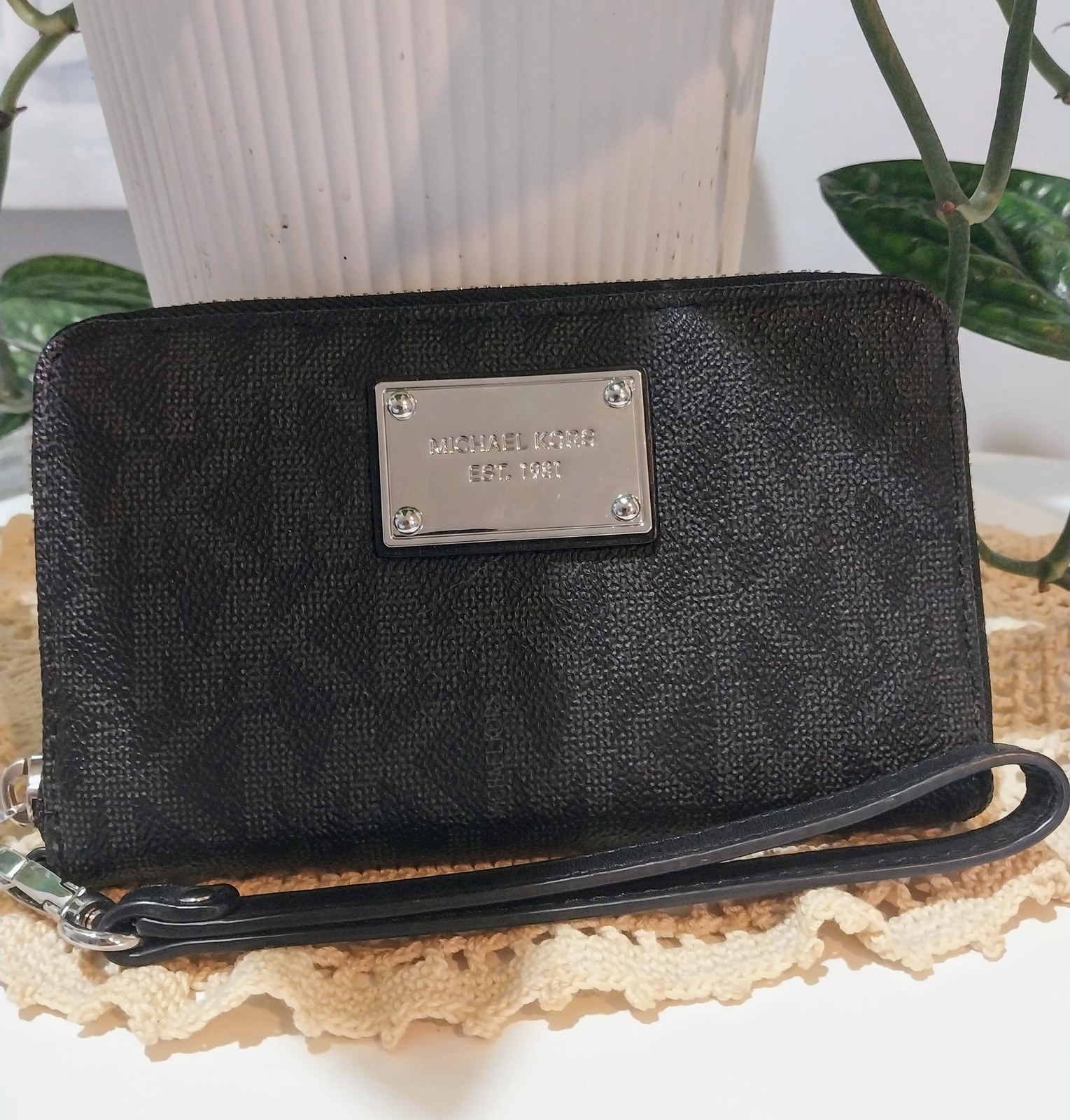 Vintage Michael Kors Wristlet Wallet: Black Monogram Canvas, Removable Strap