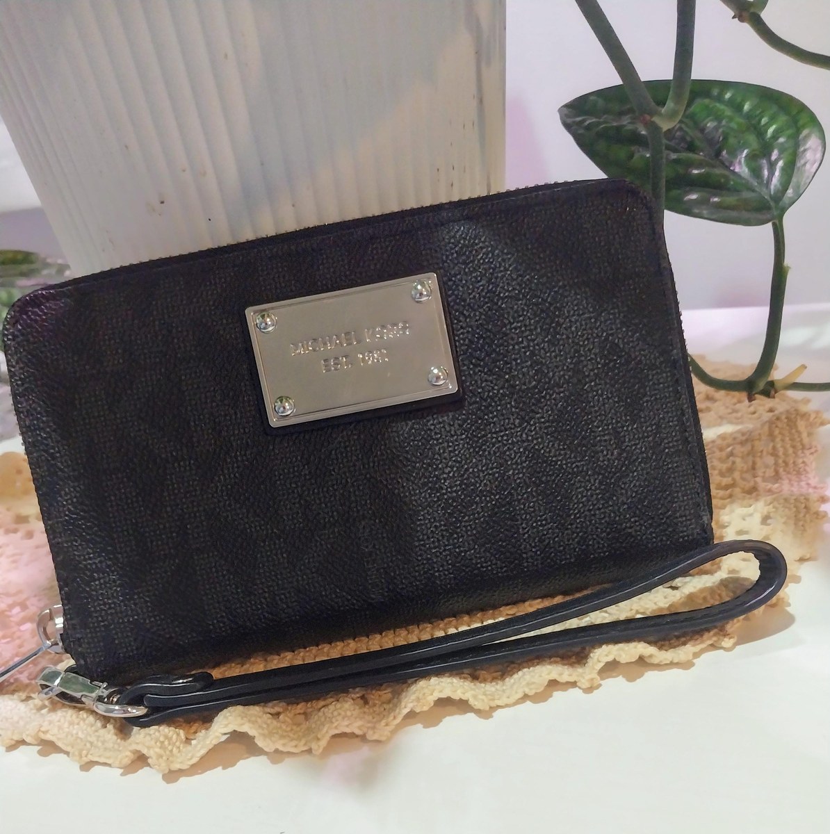Vintage Michael Kors Wristlet Wallet: Black Monogram Canvas, Removable Strap, view 6