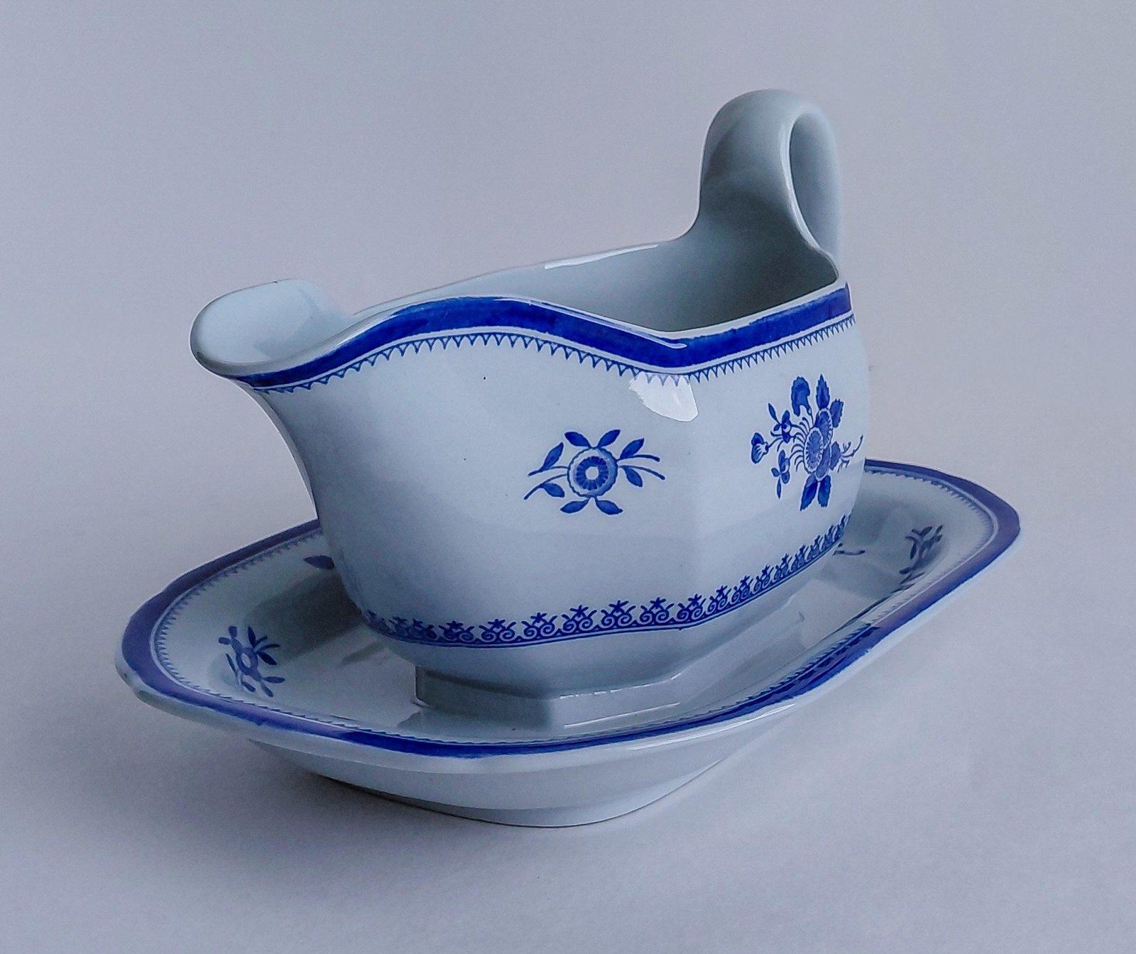 Vintage Spode Gloucester Blue Gravy Boat England Blue White Transferware Attached Underplate Chinoiserie Serving Piece