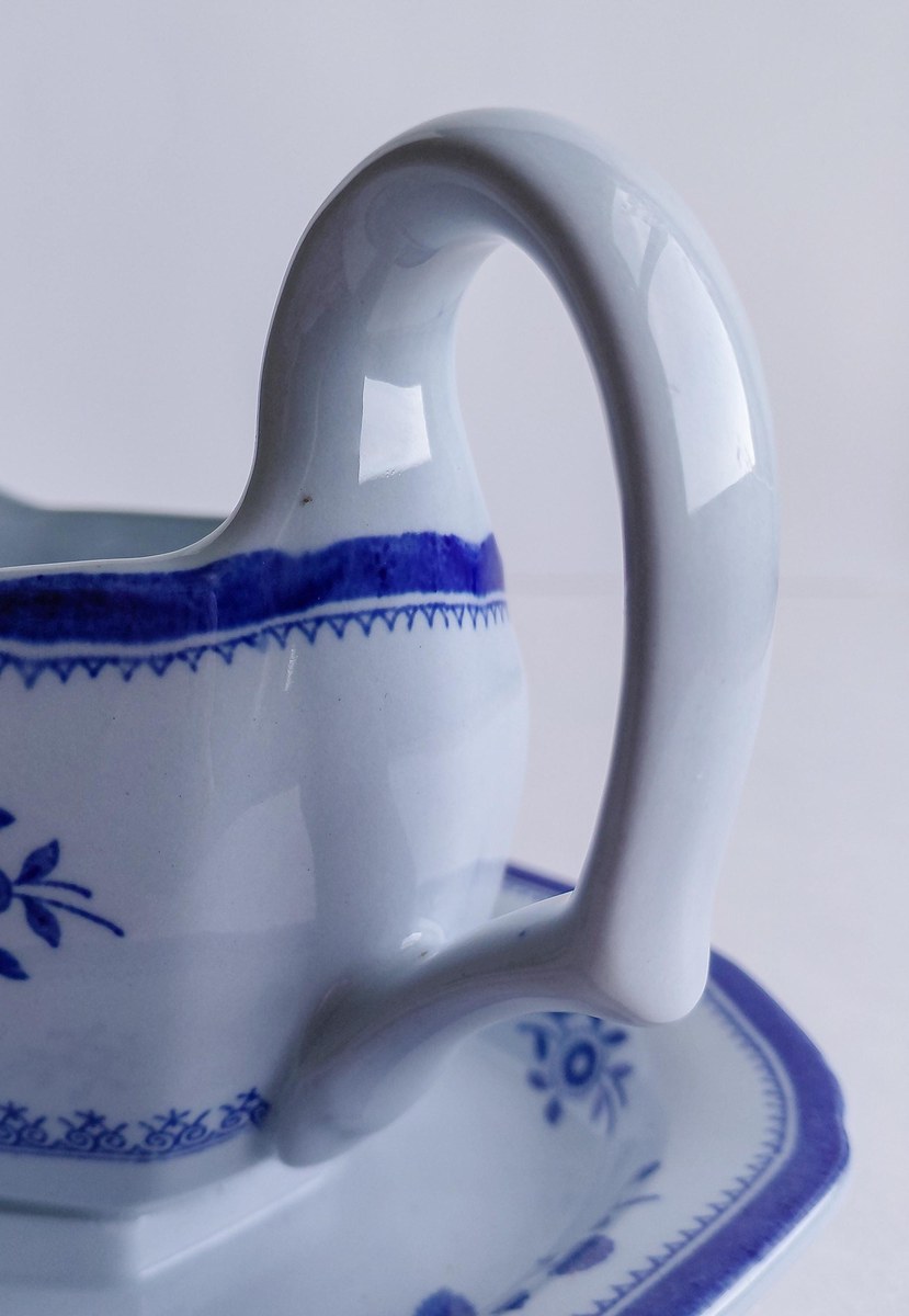Vintage Spode Gloucester Blue Gravy Boat England Blue White Transferware Attached Underplate Chinoiserie Serving Piece, view 10