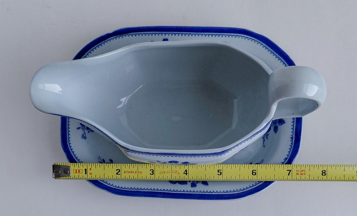 Vintage Spode Gloucester Blue Gravy Boat England Blue White Transferware Attached Underplate Chinoiserie Serving Piece, view 15