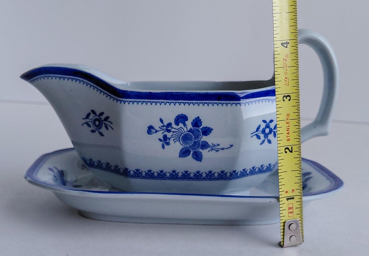 Vintage Spode Gloucester Blue Gravy Boat England Blue White Transferware Attached Underplate Chinoiserie Serving Piece, view 17