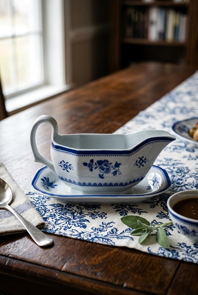 Vintage Spode Gloucester Blue Gravy Boat England Blue White Transferware Attached Underplate Chinoiserie Serving Piece, view 18