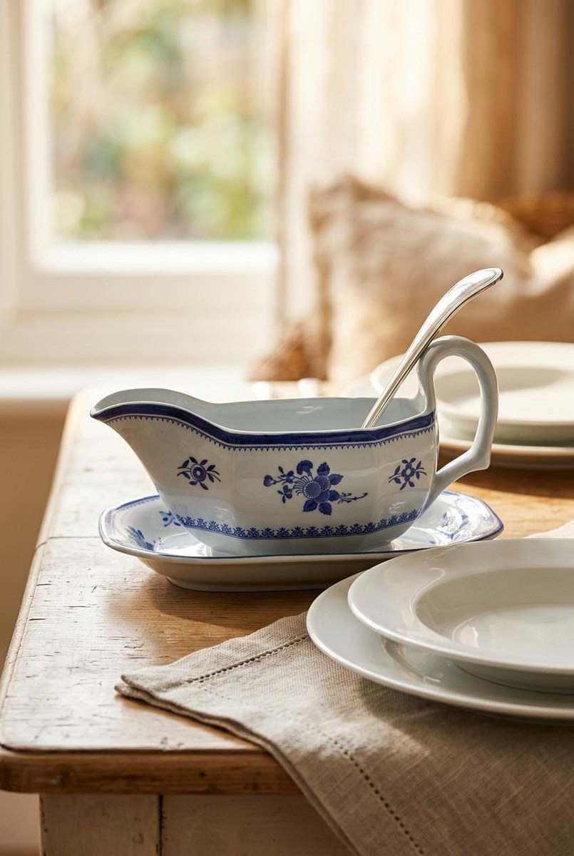 Vintage Spode Gloucester Blue Gravy Boat England Blue White Transferware Attached Underplate Chinoiserie Serving Piece, view 19