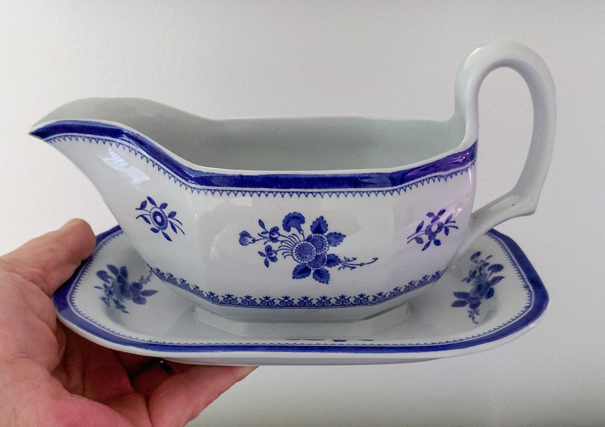Vintage Spode Gloucester Blue Gravy Boat England Blue White Transferware Attached Underplate Chinoiserie Serving Piece, view 20