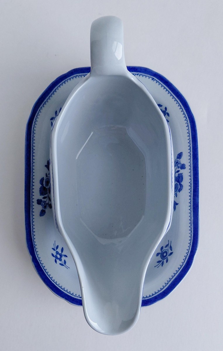 Vintage Spode Gloucester Blue Gravy Boat England Blue White Transferware Attached Underplate Chinoiserie Serving Piece, view 6