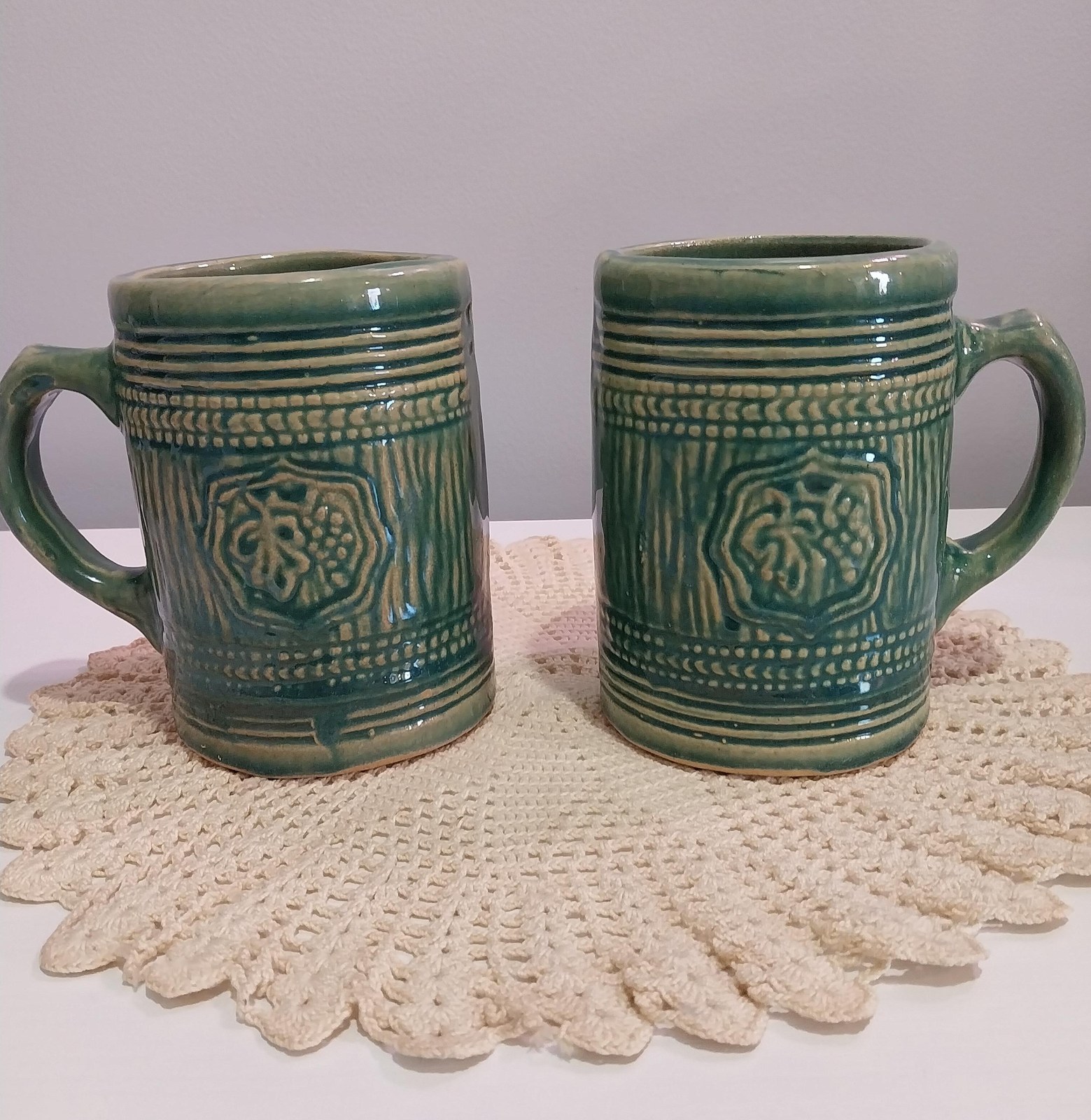 1920s McCoy Pottery Stein Mugs: Green Glaze Grape & Shield Motif
