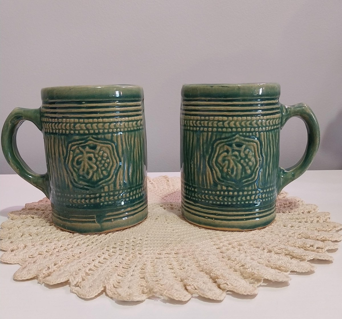 1920s McCoy Pottery Stein Mugs: Green Glaze Grape & Shield Motif, view 10
