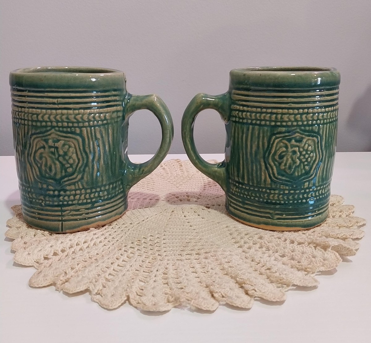 1920s McCoy Pottery Stein Mugs: Green Glaze Grape & Shield Motif, view 2