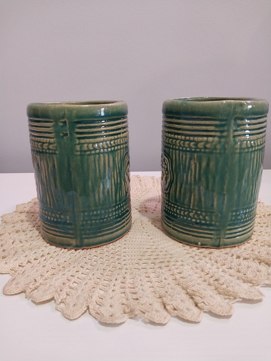 1920s McCoy Pottery Stein Mugs: Green Glaze Grape & Shield Motif, view 3