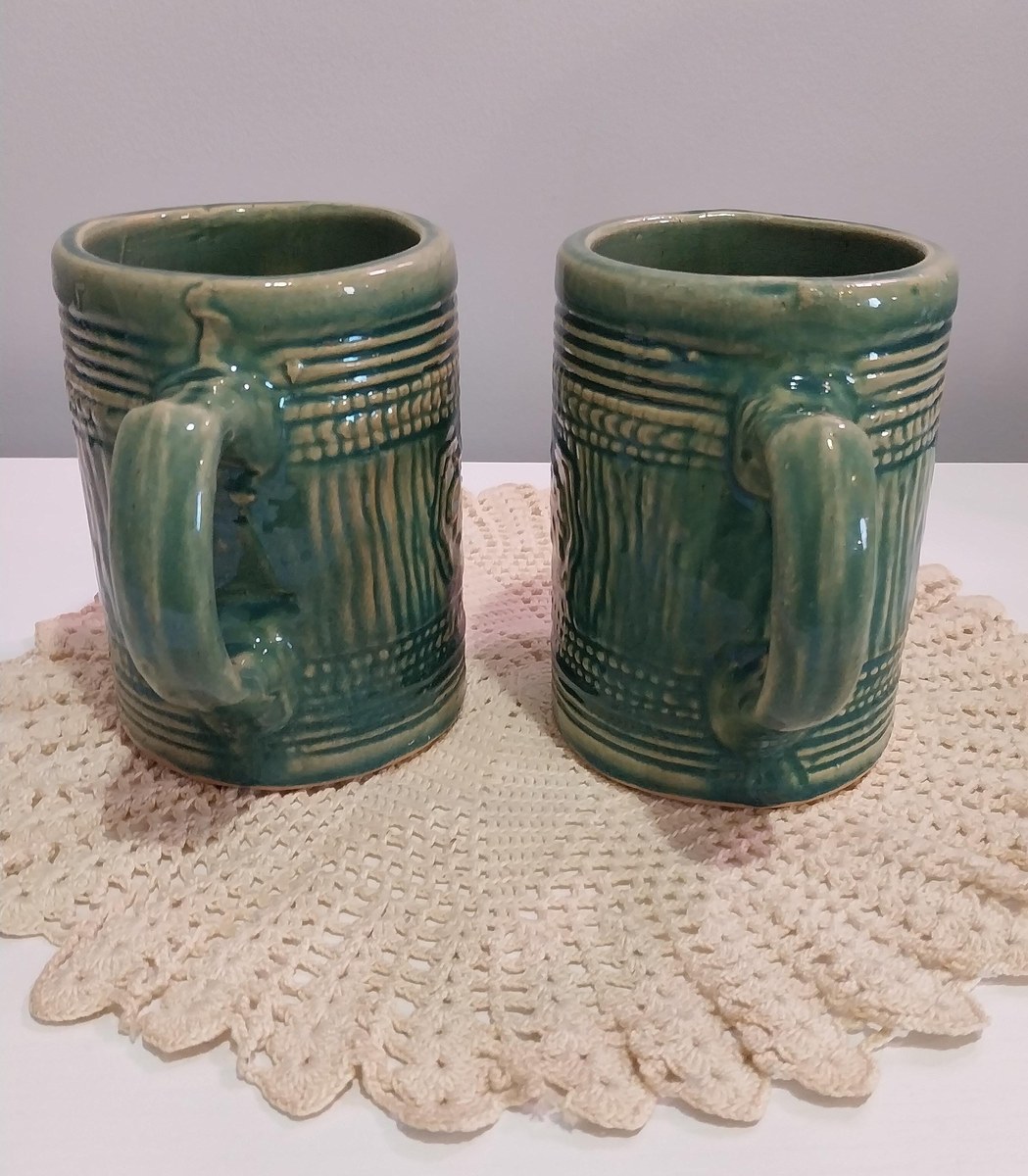 1920s McCoy Pottery Stein Mugs: Green Glaze Grape & Shield Motif, view 4