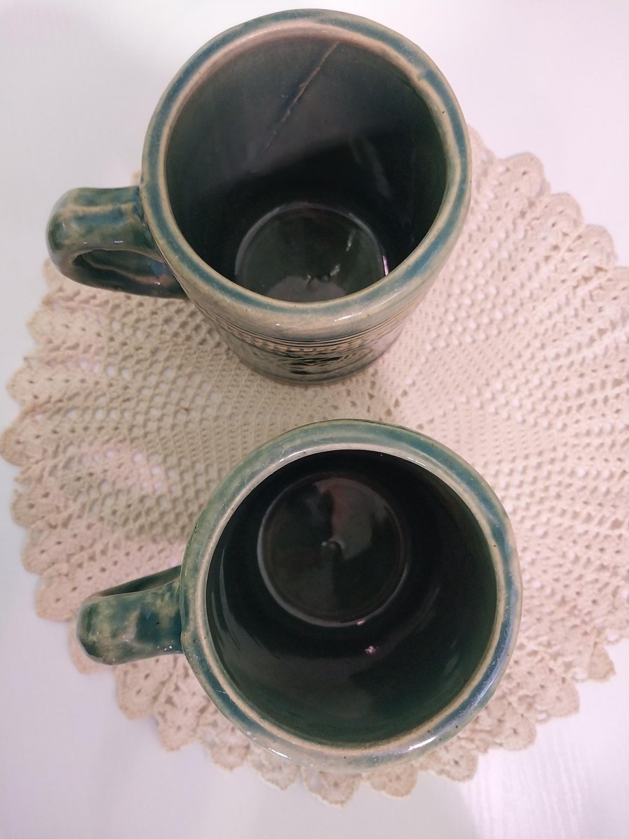 1920s McCoy Pottery Stein Mugs: Green Glaze Grape & Shield Motif, view 5