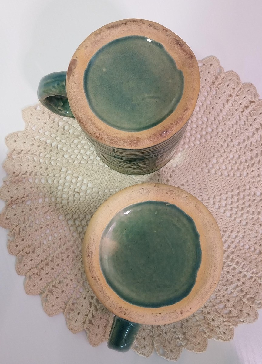 1920s McCoy Pottery Stein Mugs: Green Glaze Grape & Shield Motif, view 6