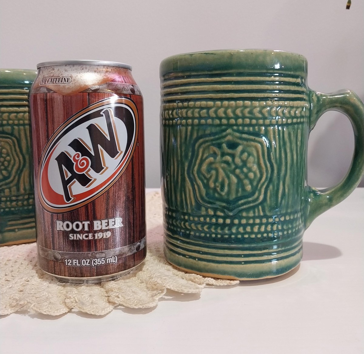 1920s McCoy Pottery Stein Mugs: Green Glaze Grape & Shield Motif, view 7