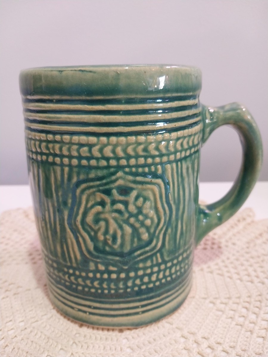 1920s McCoy Pottery Stein Mugs: Green Glaze Grape & Shield Motif, view 8