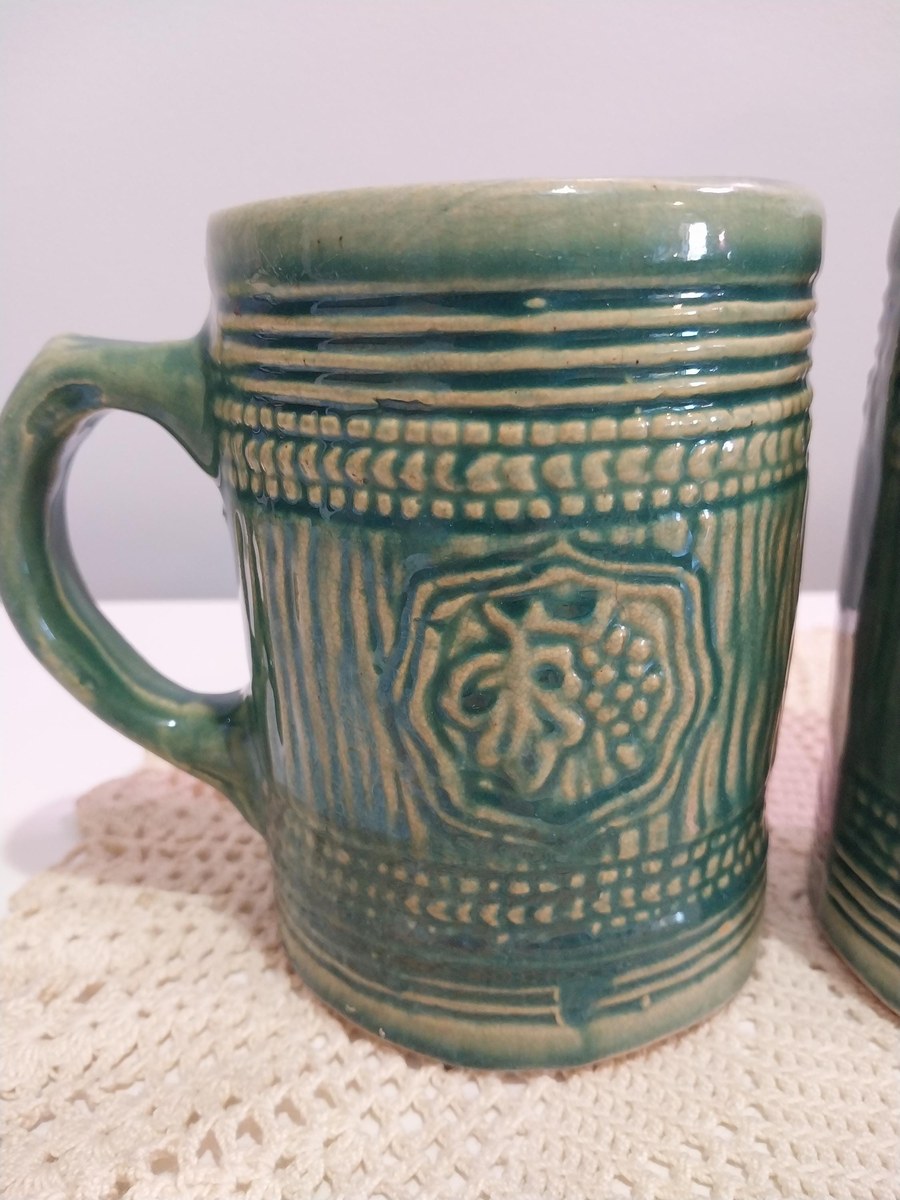 1920s McCoy Pottery Stein Mugs: Green Glaze Grape & Shield Motif, view 9