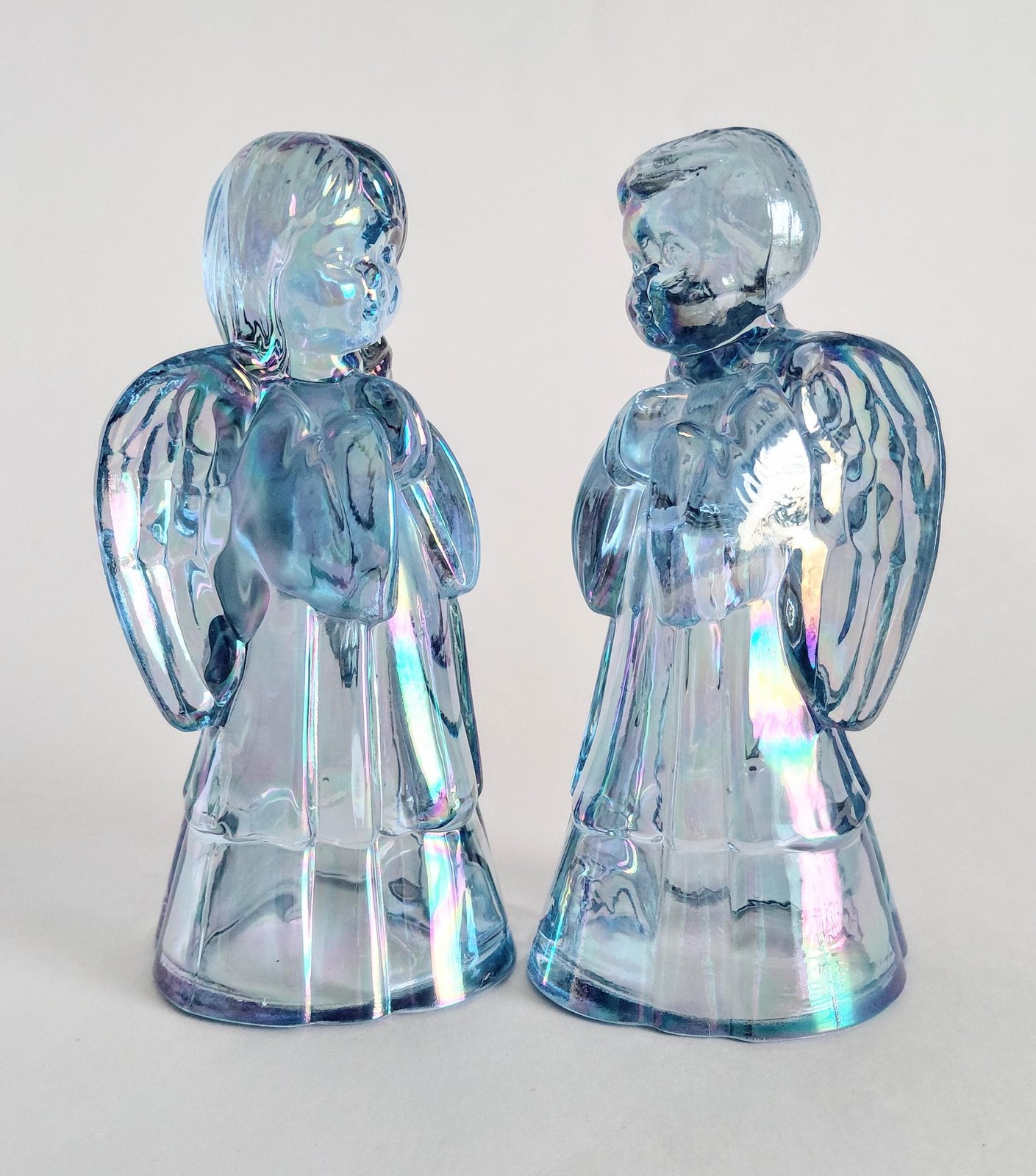 Fenton Angel Set Boy Girl Iridescent Glass Pair 6 Inch Vintage Carnival Art Glass