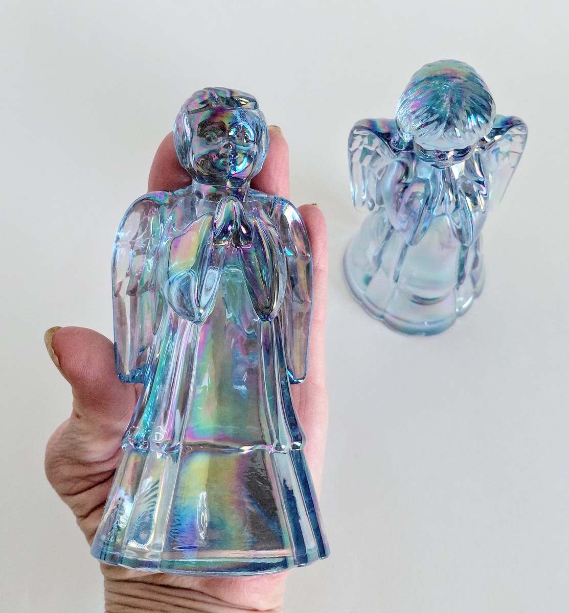 Fenton Angel Set Boy Girl Iridescent Glass Pair 6 Inch Vintage Carnival Art Glass, view 10