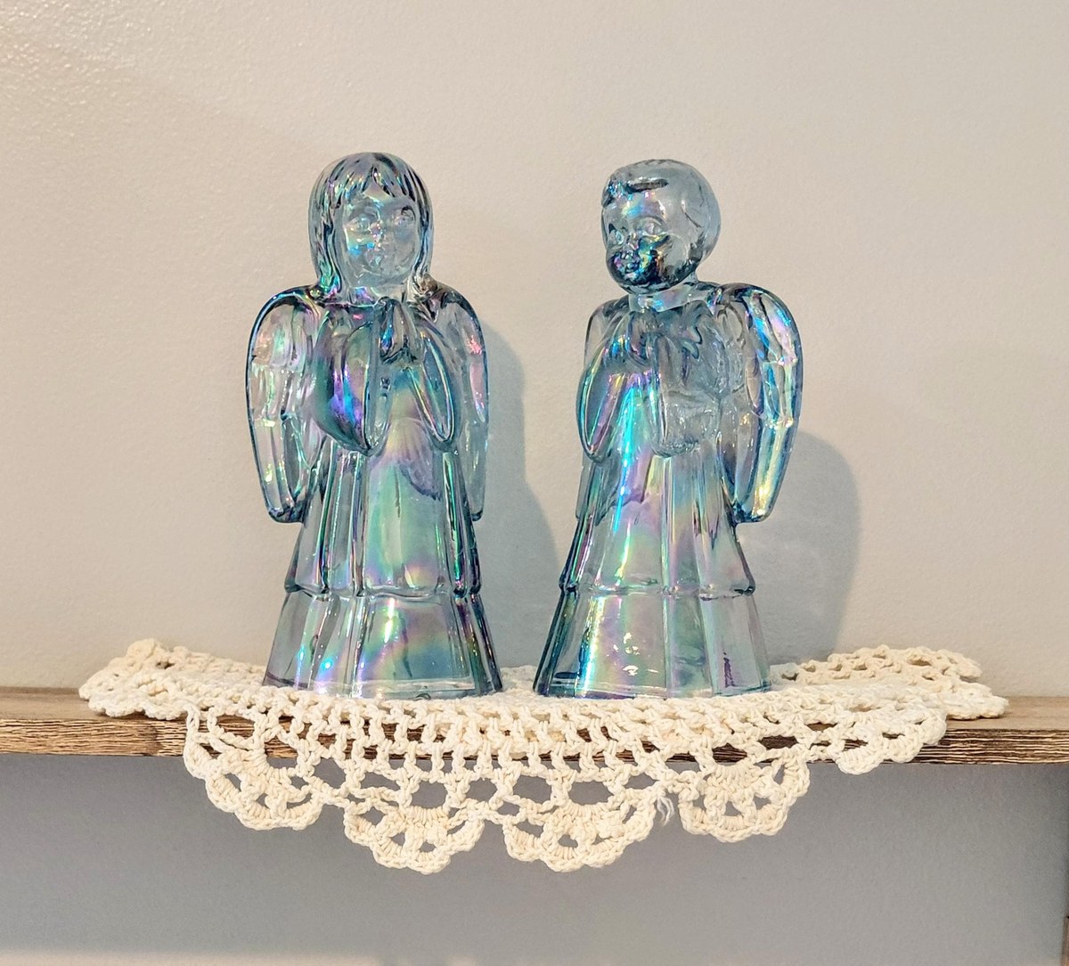 Fenton Angel Set Boy Girl Iridescent Glass Pair 6 Inch Vintage Carnival Art Glass, view 11