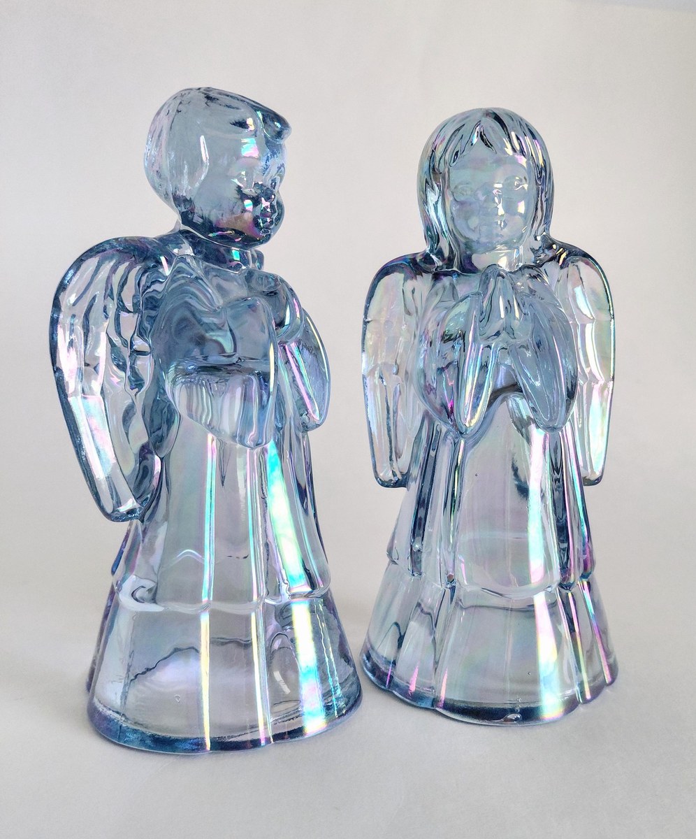 Fenton Angel Set Boy Girl Iridescent Glass Pair 6 Inch Vintage Carnival Art Glass, view 3