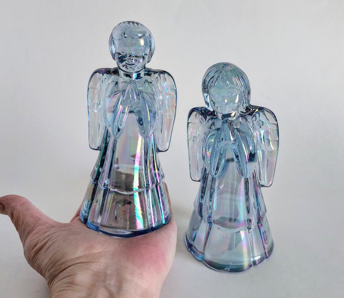 Fenton Angel Set Boy Girl Iridescent Glass Pair 6 Inch Vintage Carnival Art Glass, view 9