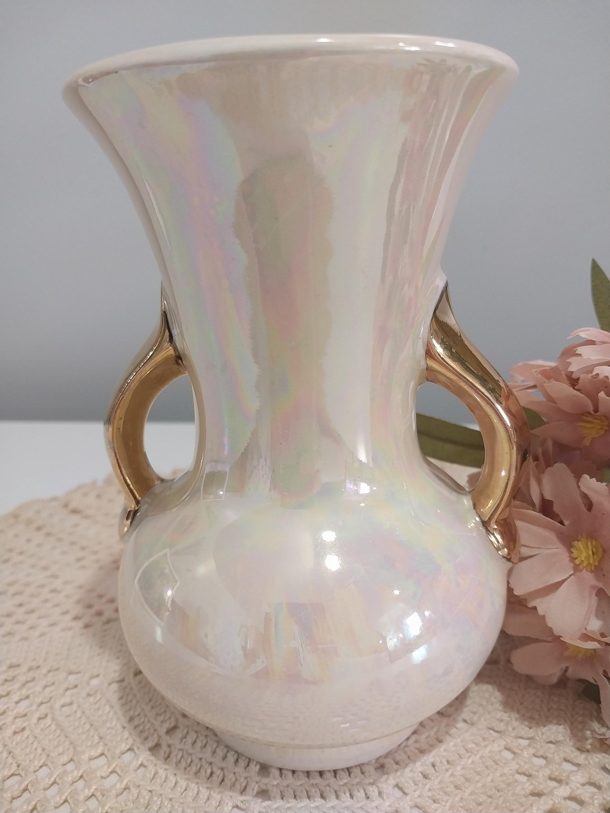 Vintage Pearl China Lusterware Vase: 22K Gold Handles, Mid-Century Decor
