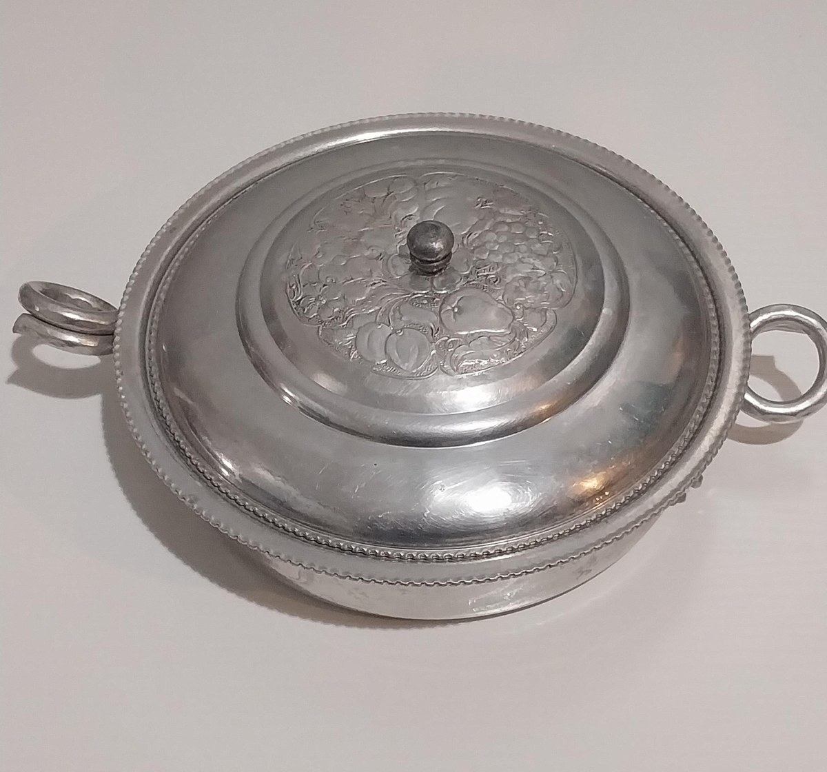 Vintage Cromwell Aluminum Serving Bowl with Lid: Hand Wrought Fruit Motif, view 2