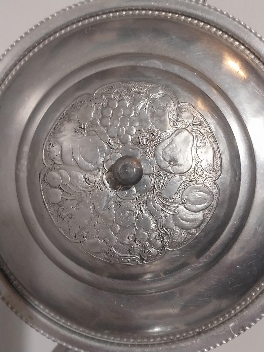 Vintage Cromwell Aluminum Serving Bowl with Lid: Hand Wrought Fruit Motif, view 5