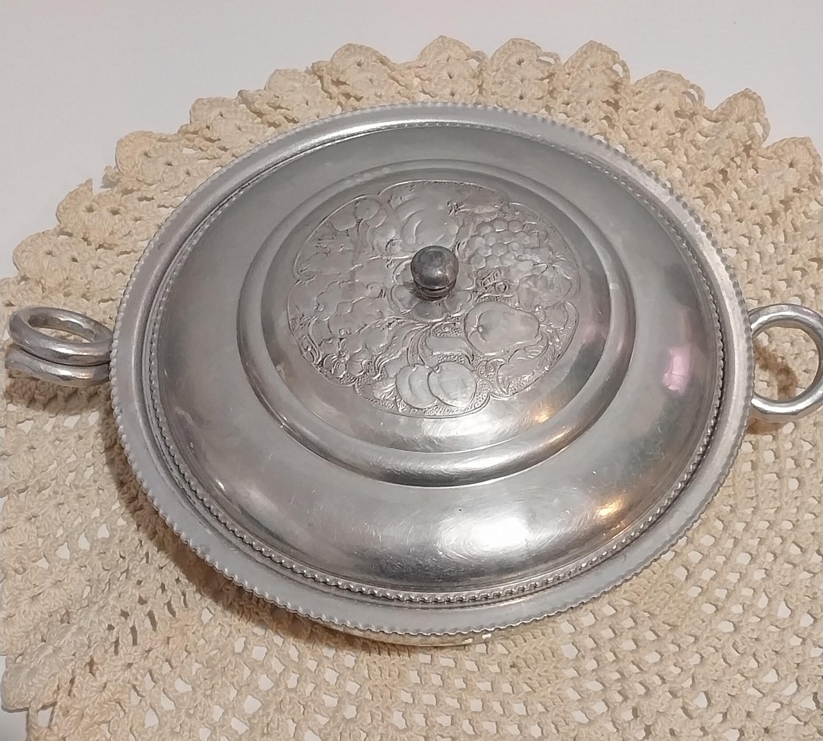 Vintage Cromwell Aluminum Serving Bowl with Lid: Hand Wrought Fruit Motif, view 6