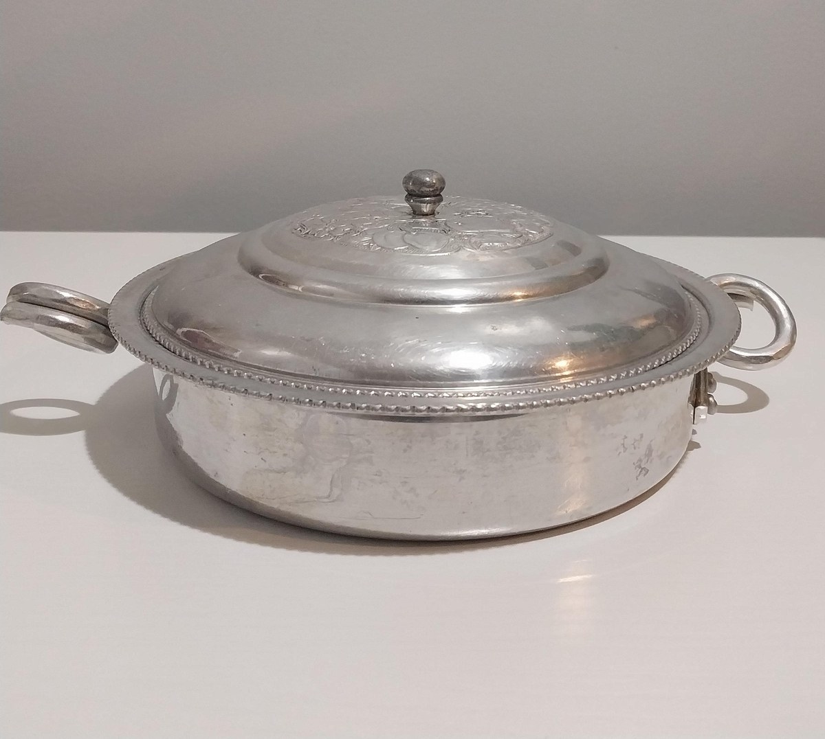 Vintage Cromwell Aluminum Serving Bowl with Lid: Hand Wrought Fruit Motif, view 8