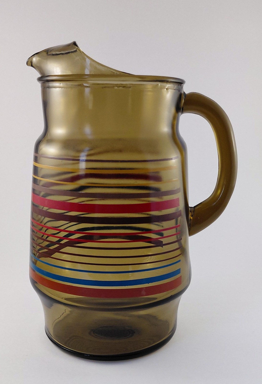 Vintage Anchor Hocking Smoked Brown Glass Pitcher 80 oz 1970s Retro Stripe Ice Lip Red Blue Yellow Juice Tea Water Jug