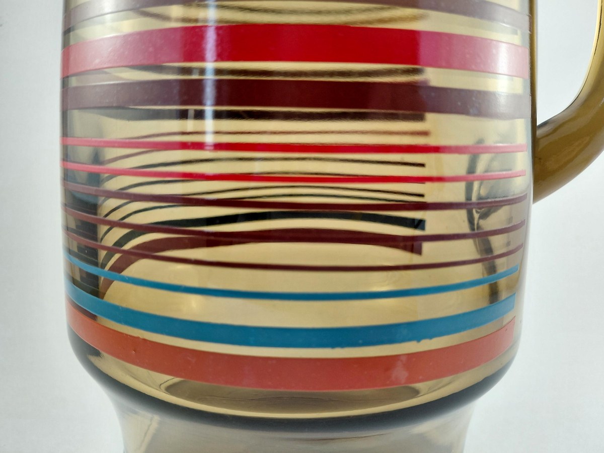 Vintage Anchor Hocking Smoked Brown Glass Pitcher 80 oz 1970s Retro Stripe Ice Lip Red Blue Yellow Juice Tea Water Jug, view 10