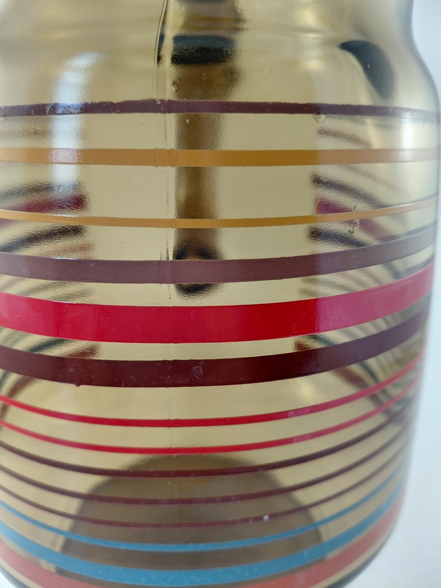 Vintage Anchor Hocking Smoked Brown Glass Pitcher 80 oz 1970s Retro Stripe Ice Lip Red Blue Yellow Juice Tea Water Jug, view 11