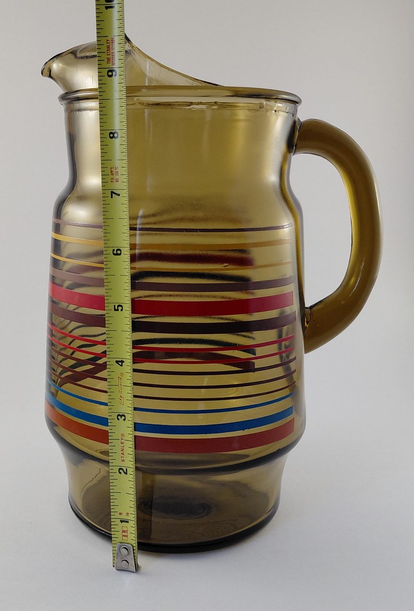 Vintage Anchor Hocking Smoked Brown Glass Pitcher 80 oz 1970s Retro Stripe Ice Lip Red Blue Yellow Juice Tea Water Jug, view 13