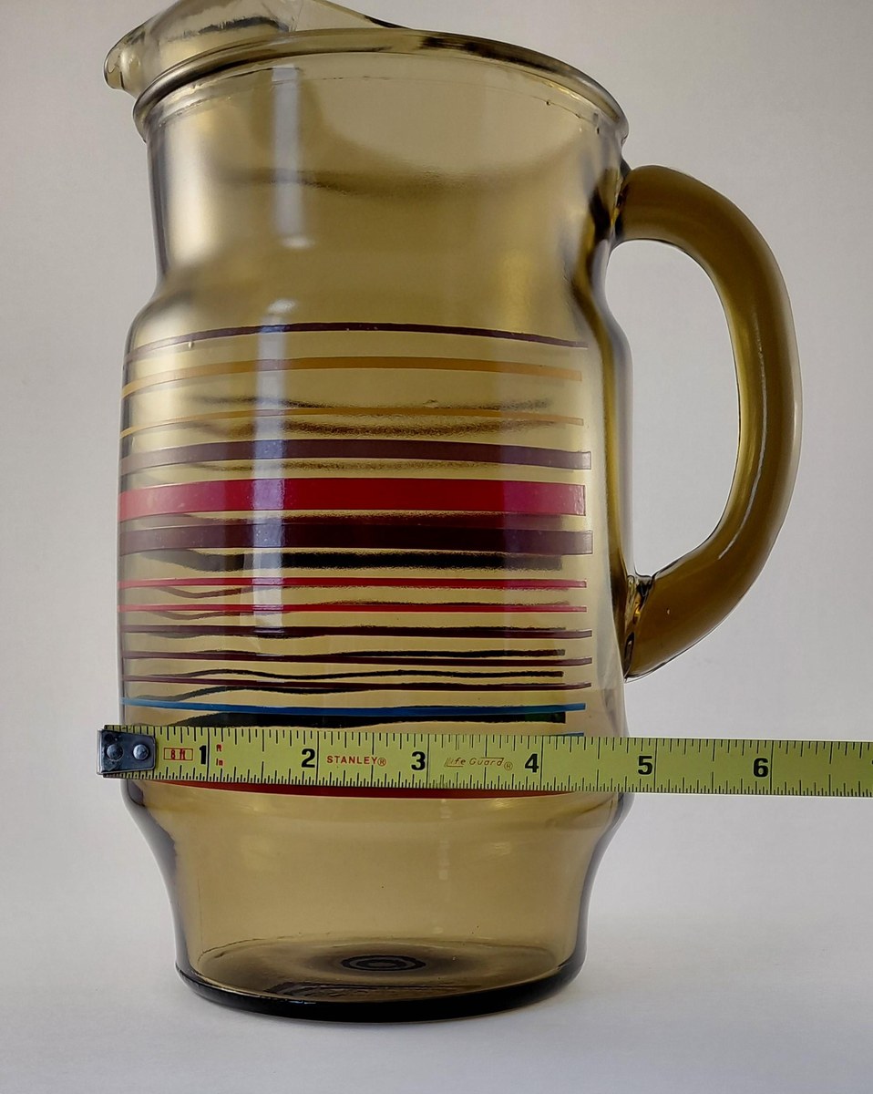 Vintage Anchor Hocking Smoked Brown Glass Pitcher 80 oz 1970s Retro Stripe Ice Lip Red Blue Yellow Juice Tea Water Jug, view 14
