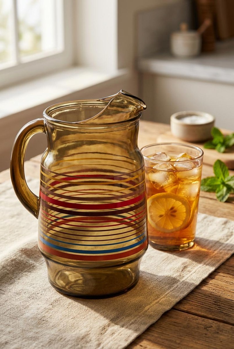 Vintage Anchor Hocking Smoked Brown Glass Pitcher 80 oz 1970s Retro Stripe Ice Lip Red Blue Yellow Juice Tea Water Jug, view 18