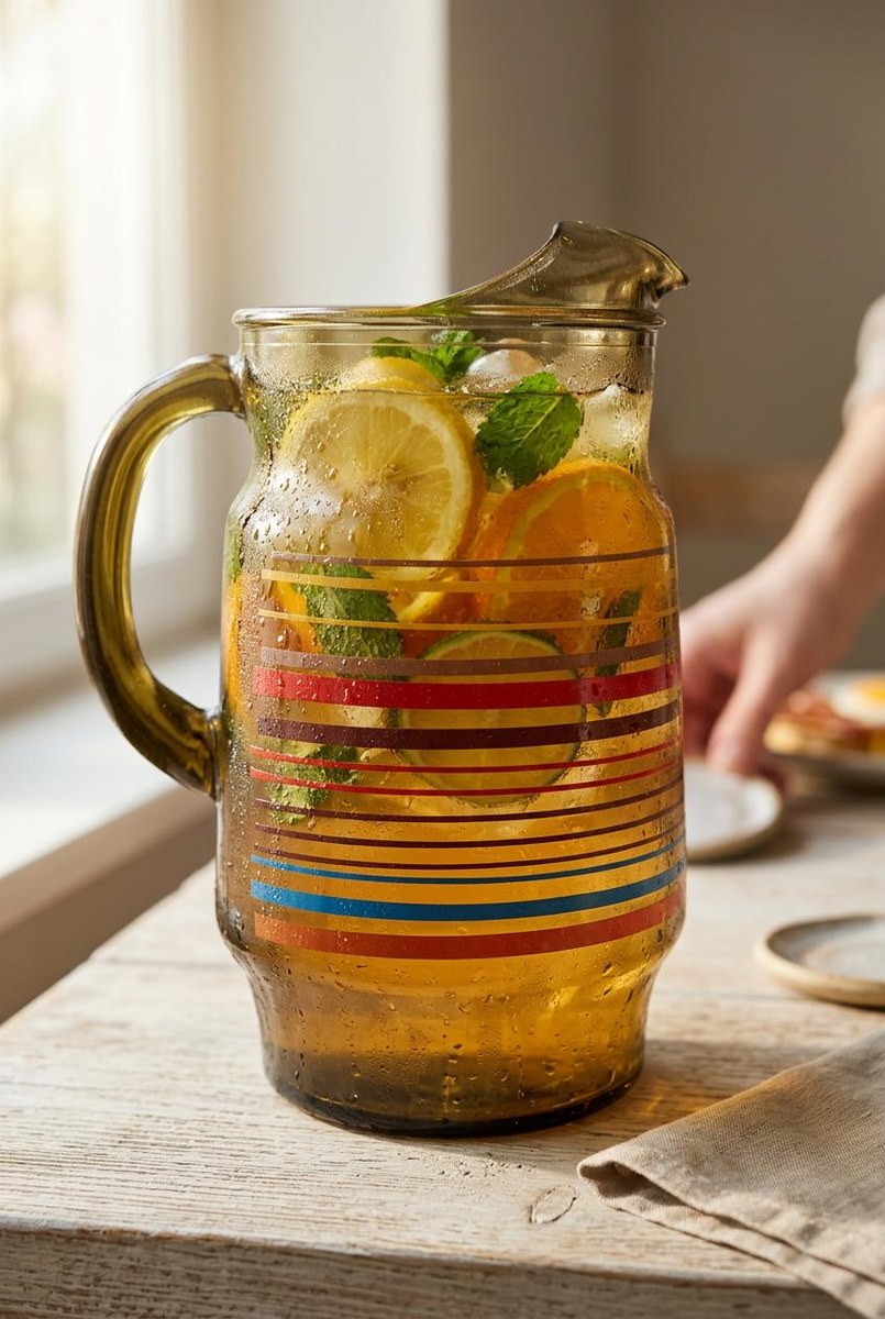 Vintage Anchor Hocking Smoked Brown Glass Pitcher 80 oz 1970s Retro Stripe Ice Lip Red Blue Yellow Juice Tea Water Jug, view 19