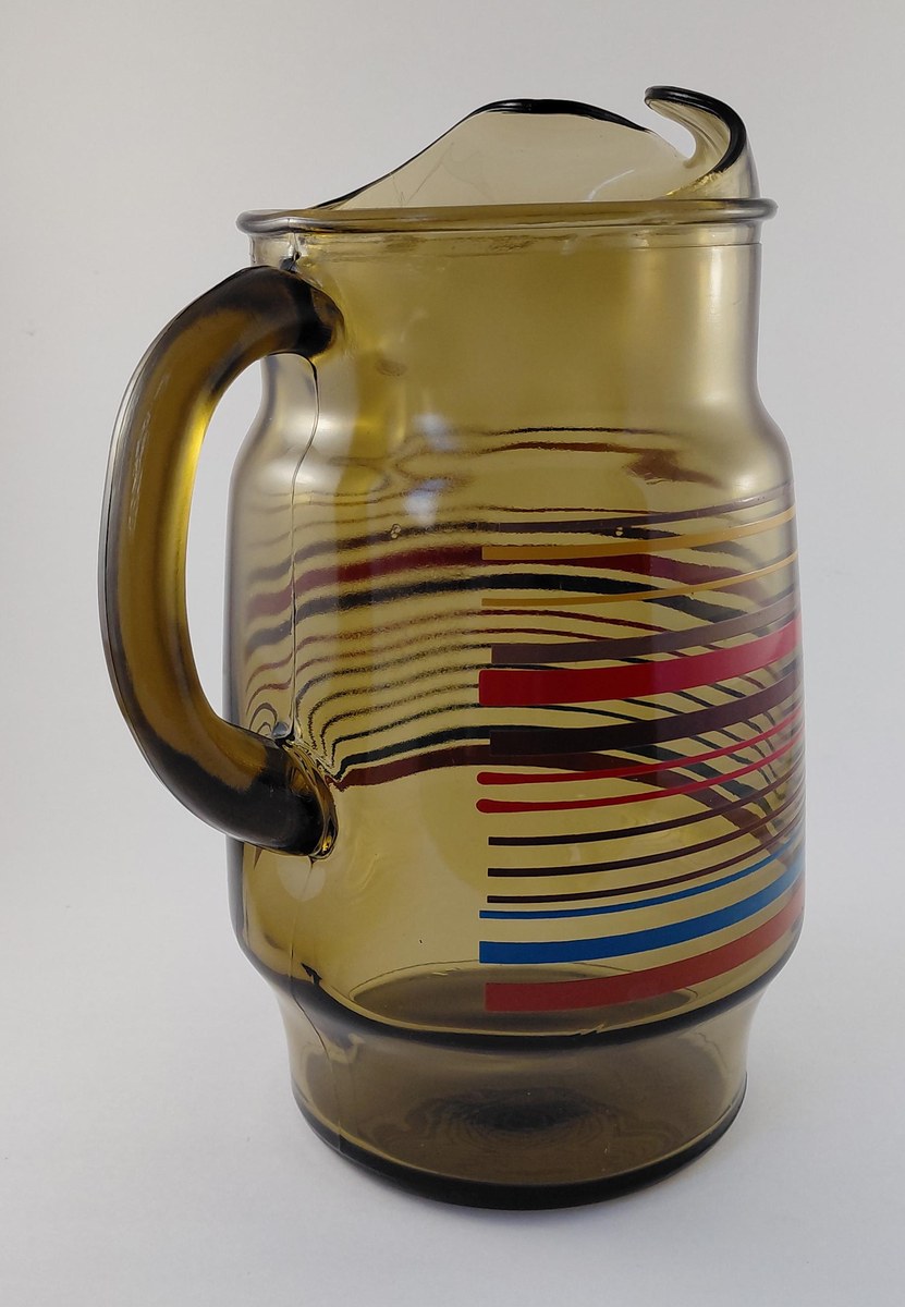 Vintage Anchor Hocking Smoked Brown Glass Pitcher 80 oz 1970s Retro Stripe Ice Lip Red Blue Yellow Juice Tea Water Jug, view 2