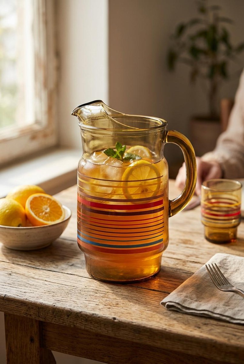Vintage Anchor Hocking Smoked Brown Glass Pitcher 80 oz 1970s Retro Stripe Ice Lip Red Blue Yellow Juice Tea Water Jug, view 20