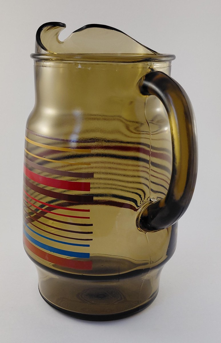 Vintage Anchor Hocking Smoked Brown Glass Pitcher 80 oz 1970s Retro Stripe Ice Lip Red Blue Yellow Juice Tea Water Jug, view 3