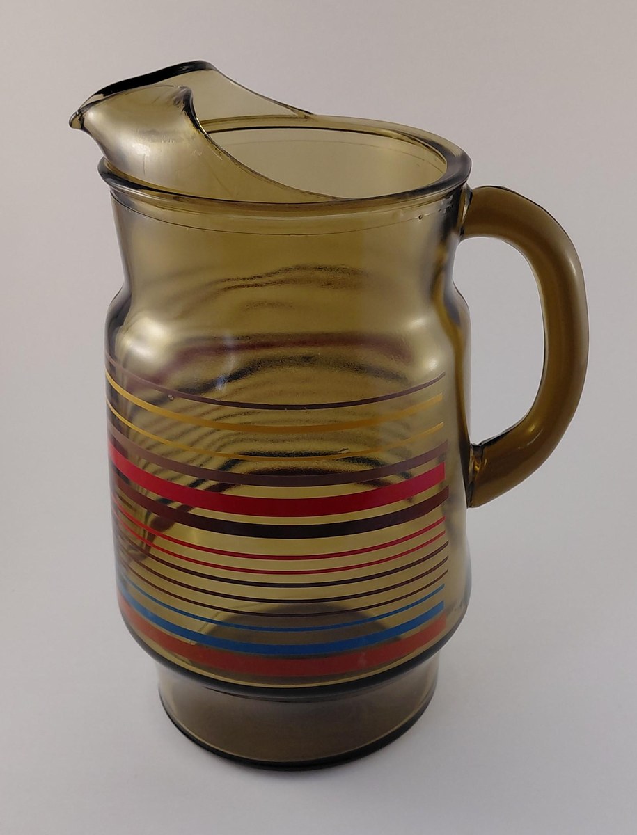 Vintage Anchor Hocking Smoked Brown Glass Pitcher 80 oz 1970s Retro Stripe Ice Lip Red Blue Yellow Juice Tea Water Jug, view 4