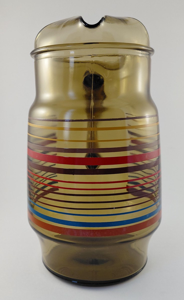 Vintage Anchor Hocking Smoked Brown Glass Pitcher 80 oz 1970s Retro Stripe Ice Lip Red Blue Yellow Juice Tea Water Jug, view 5