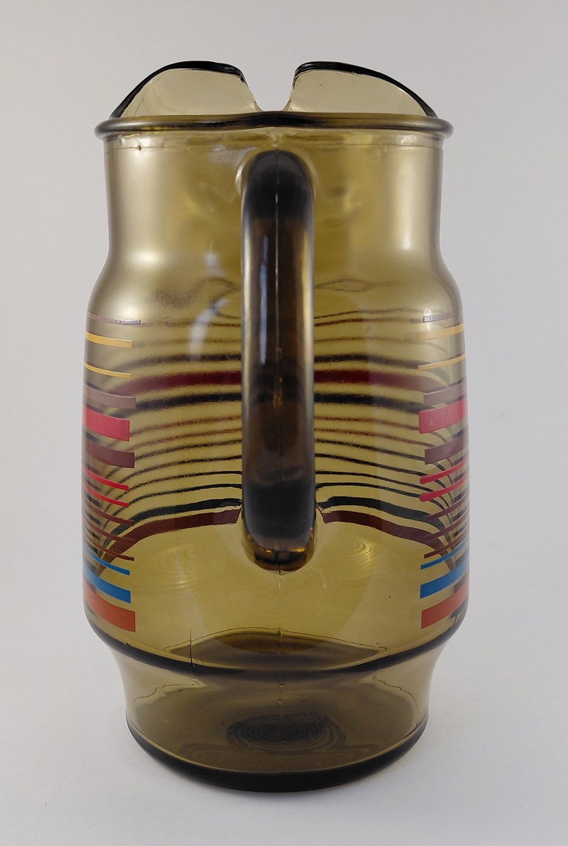 Vintage Anchor Hocking Smoked Brown Glass Pitcher 80 oz 1970s Retro Stripe Ice Lip Red Blue Yellow Juice Tea Water Jug, view 6