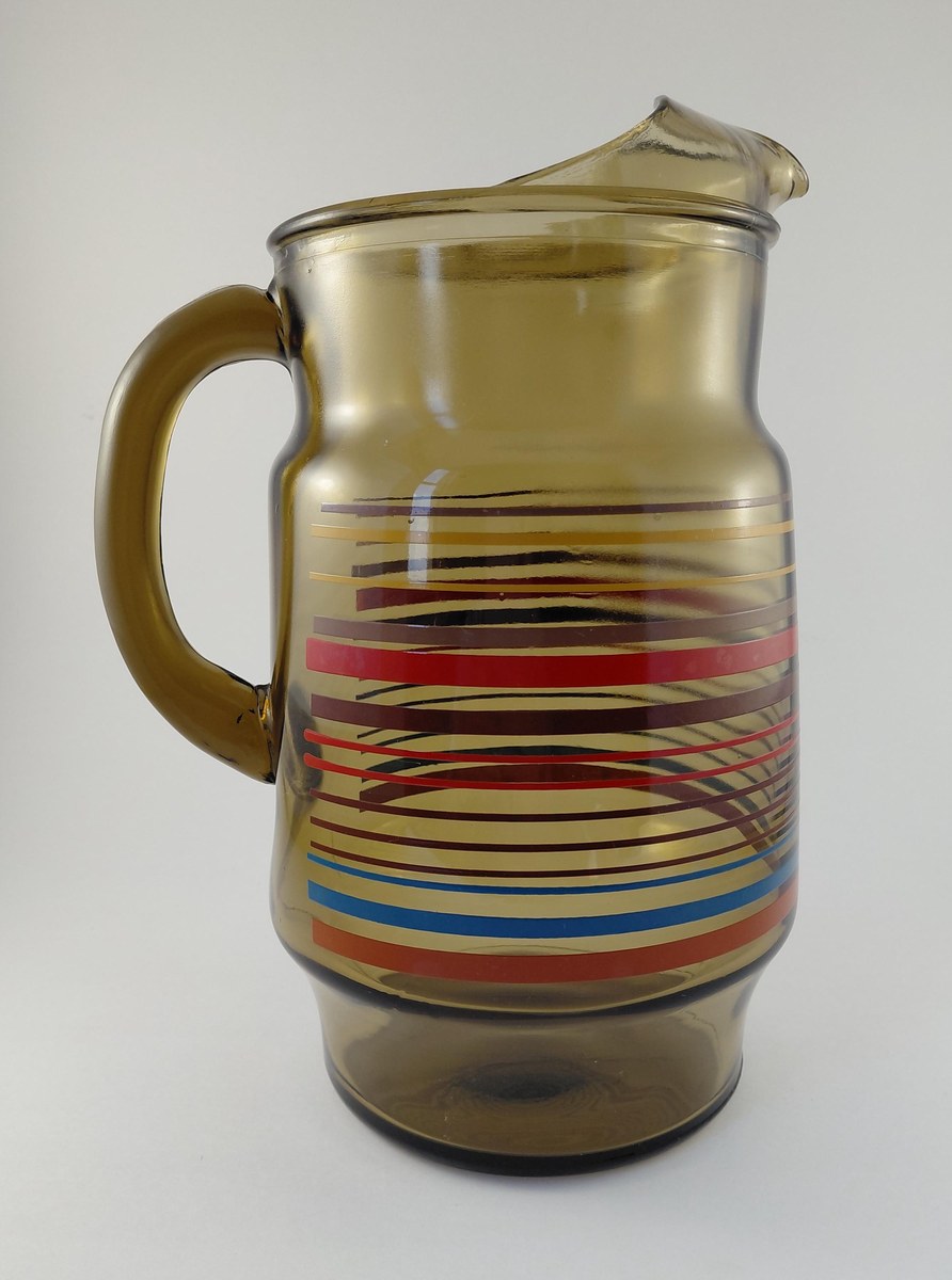 Vintage Anchor Hocking Smoked Brown Glass Pitcher 80 oz 1970s Retro Stripe Ice Lip Red Blue Yellow Juice Tea Water Jug, view 7