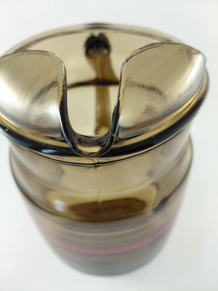 Vintage Anchor Hocking Smoked Brown Glass Pitcher 80 oz 1970s Retro Stripe Ice Lip Red Blue Yellow Juice Tea Water Jug, view 9